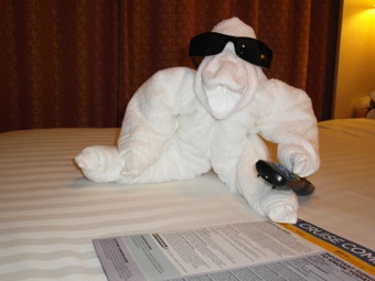 Happy towel monkey-duck-thing (that Bill accidentally decapitated a few minutes later)