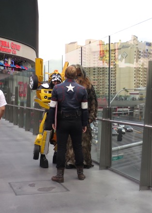 Bumblebee talking to Captain America and Chewbacca