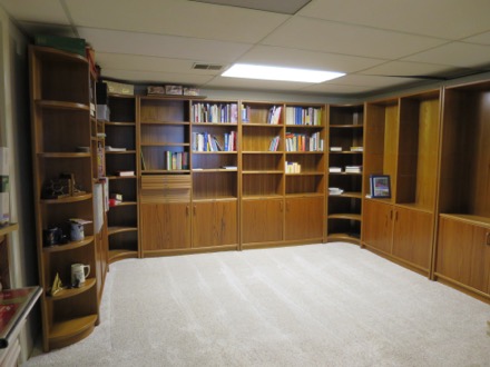 The library shelves are up after the flood from the ceiling.