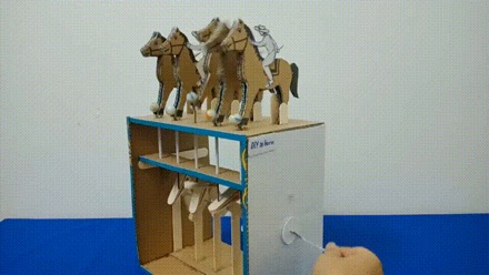 Then I found this on YouTube. A kid built a cardboard horse run with a simple cam and crank mechanism.