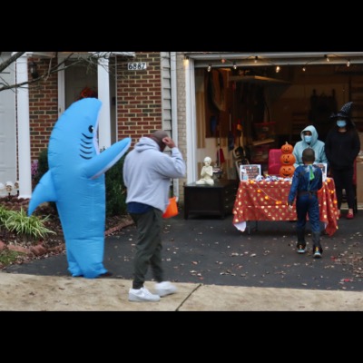 One reveler dressed as the Katie Perry Super Bowl Shark
