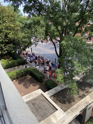 The crowd in front of our building is starting to pick up