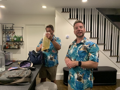 Joe and John came over for dinner. They are also from DC. Joe is holding a bag of white wine, we swear.